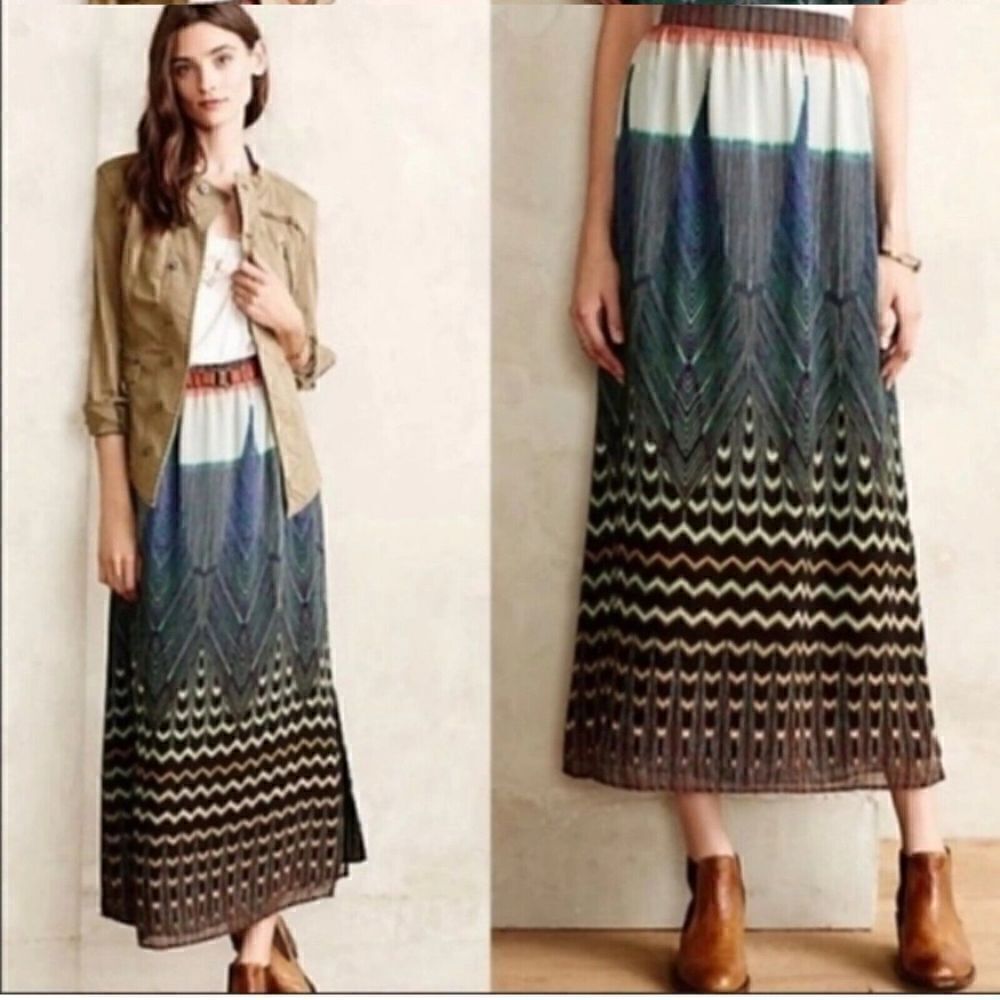 Anthropologie Maeve Skirt Size XS Peacock Art Deco Print Ankle Length A Line